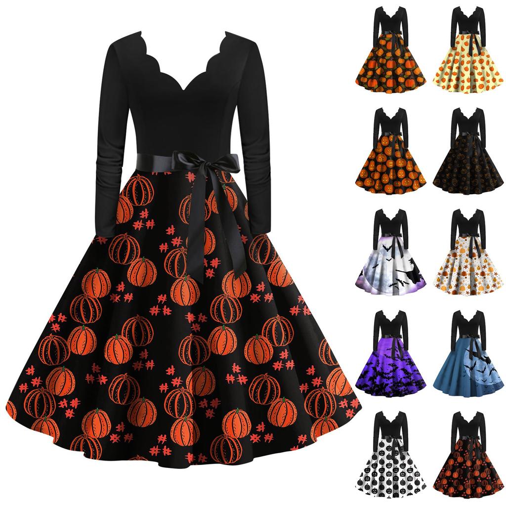 Women's Vintage Classic Dress Long Sleeve Halloween Print V-neck Swing Dress