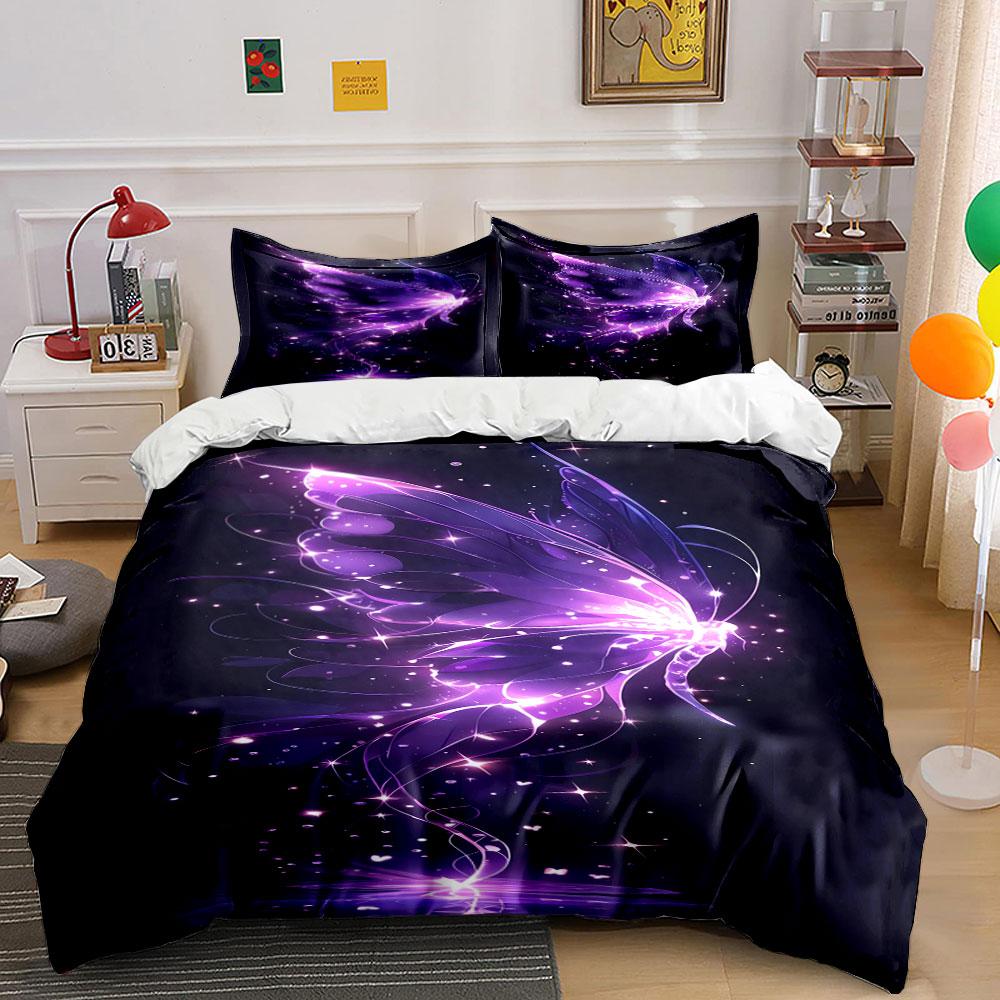 Glowing purple butterfly design. Bedding sets Duvet cover sets Duvet covers Pillowcases(1*Duvet Cover 2*Pillowcases without duvet insert)