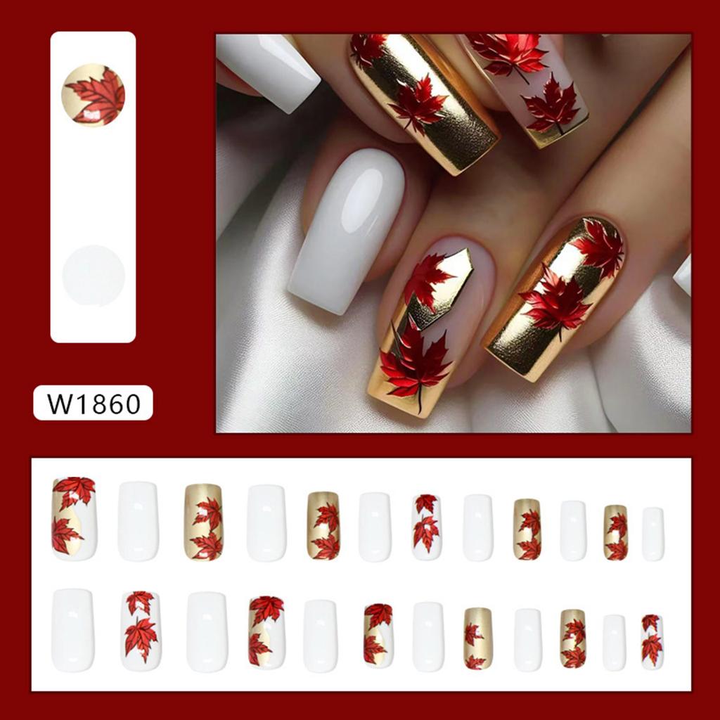 24 шт. накладные ногти в виде кленовых листьев осень-зима акриловые ногти средние квадратные полное покрытие накладные ногти осень пресс-накладные ногти