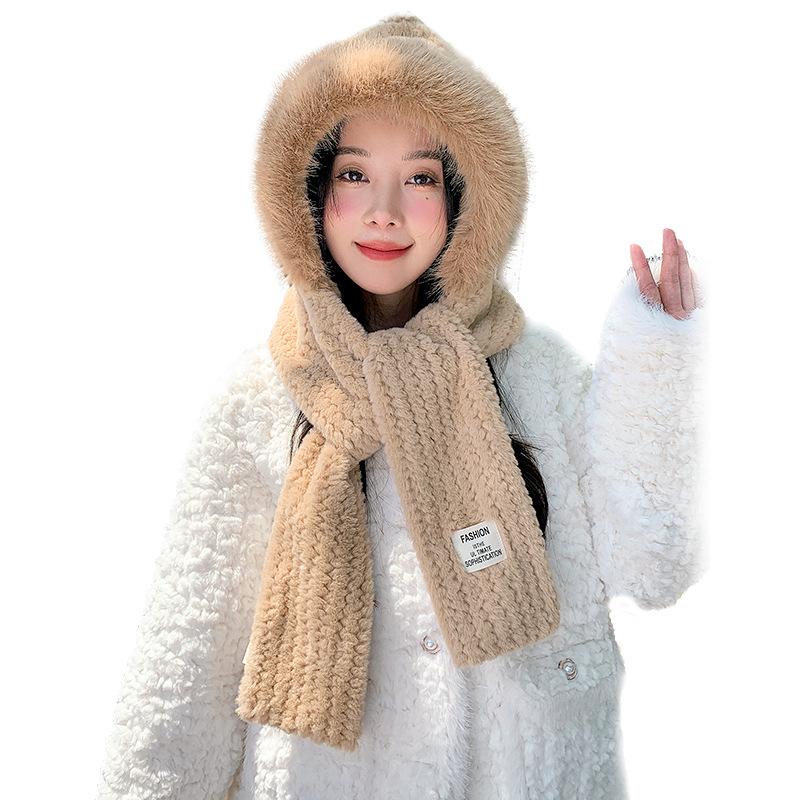 Autumn and Winter Plush Hat, Women's Large Head Circumference, Windproof Ear Protection Scarf, Integrated Hooded Thickened Warm Wool Hat