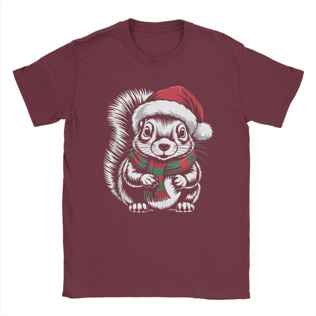 Leisure Squirrel Xmas Santa Hat Scarf Christmas T-Shirts for Men Crew Neck 100 Cotton T Shirts Short Sleeve Tees Plus Size Tops
