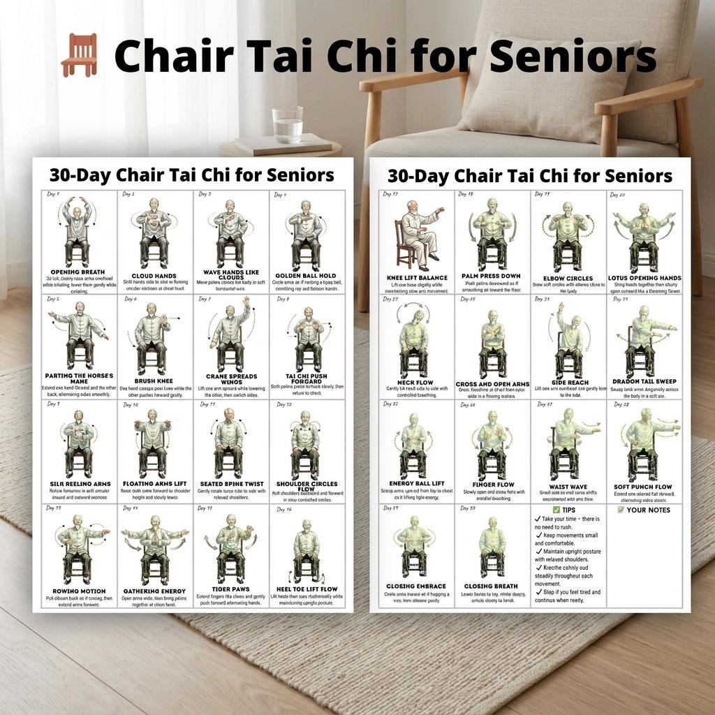 30 Day Tai Chi Exercise Plan for Seniors Home Fitness Poster with Clear Illustrations and Instructions