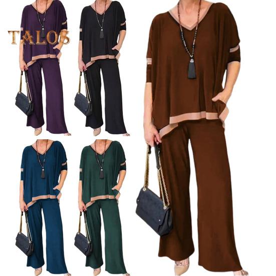 Женский комплект из 2 предметов: топ и брюки, V-образный вырез, рукава три четверти, толстовка с эластичной резинкой на талии, широкие спортивные штаны, спортивный костюм, осенний повседневный спортивный костюм