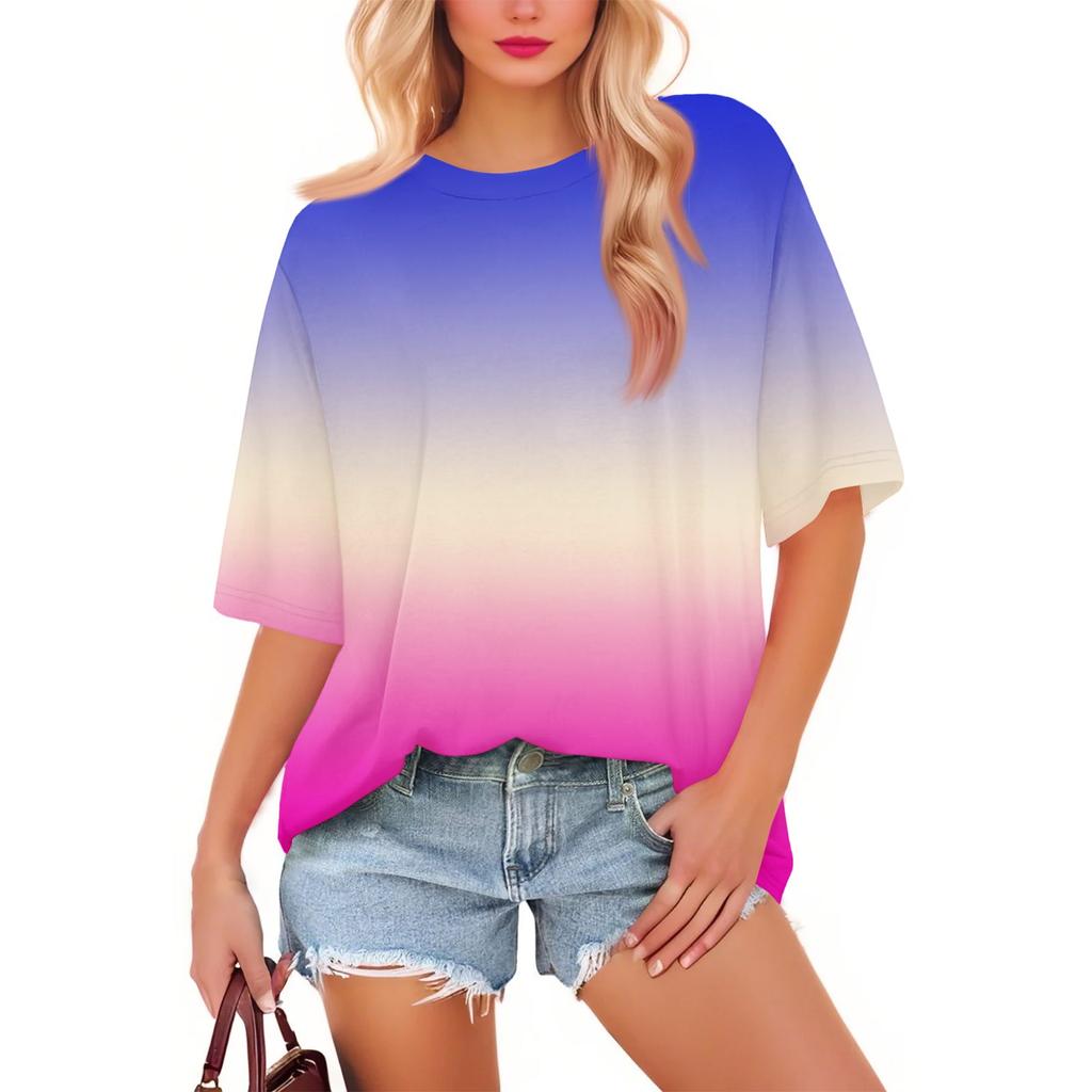 Women's Fashion Casual Gradient Color Loose Round Neck Short Sleeve Trendy Holiday T-shirt Top