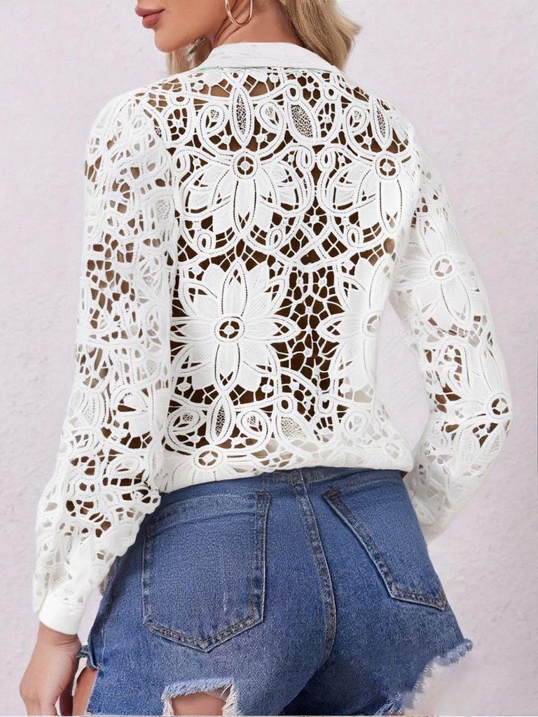 2025 French Fashion Lace Floral Long Sleeve Tunic with Turn-Down Collar
