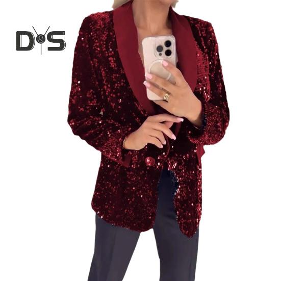 Женский пиджак с лацканами и длинными рукавами на пуговицах, пиджак с блестками, осенне-зимняя деловая верхняя одежда для уличной вечеринки