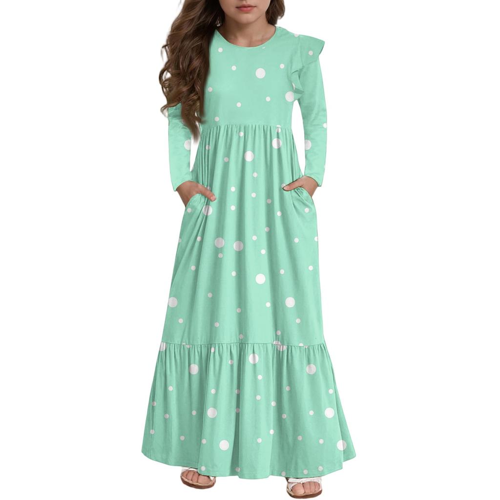 Girls' Tiered Ruffle Dress - Long Sleeve Printed Maxi With Pockets