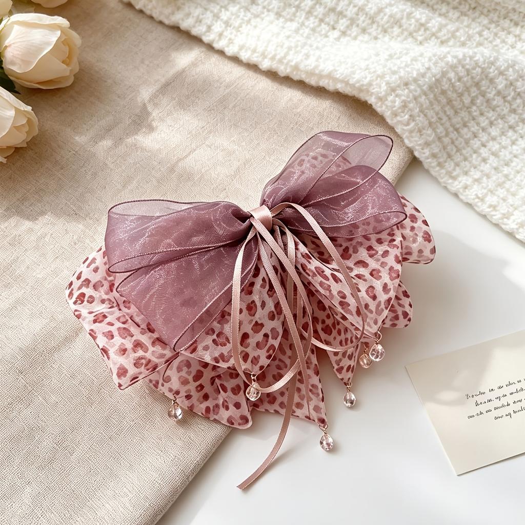 1pc Korean Style Atmospheric Leopard Print Bow Ribbon Half-Tied Hair Ponytail Clip Hair Accessory Atmospheric Volume-Enhancing Hair Clip