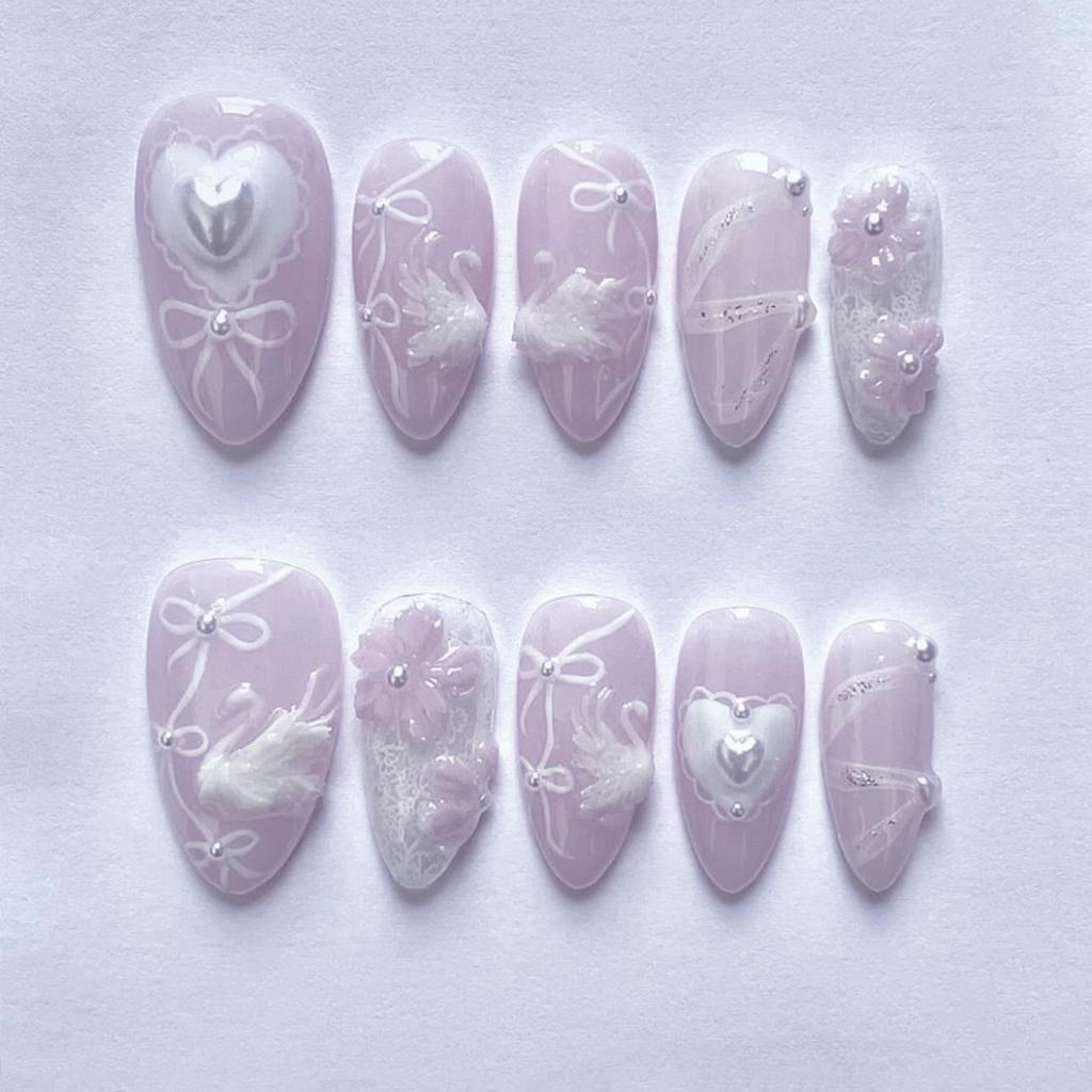 24Pcs 3D Green Ripple Cat Eye French Almond Fake Nails Leaf Pattern Removable Press On Nail Tips
