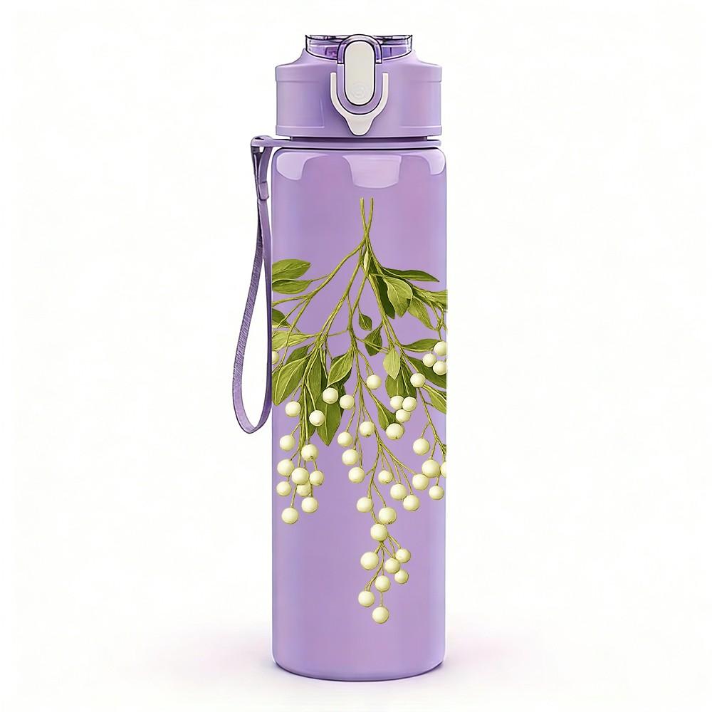 1PC White Mistletoe Branch Floral Print 750ml Color Plastic Sports Water Bottle Leakproof Flip Straw Lid Suitable for Sports Office Home Use