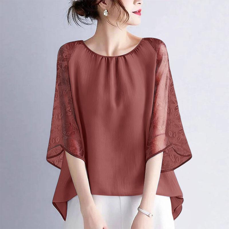 ZANZEA Женская повседневная блузка с сетчатыми вставками, рукавом 3/4, свободного кроя, с круглым вырезом