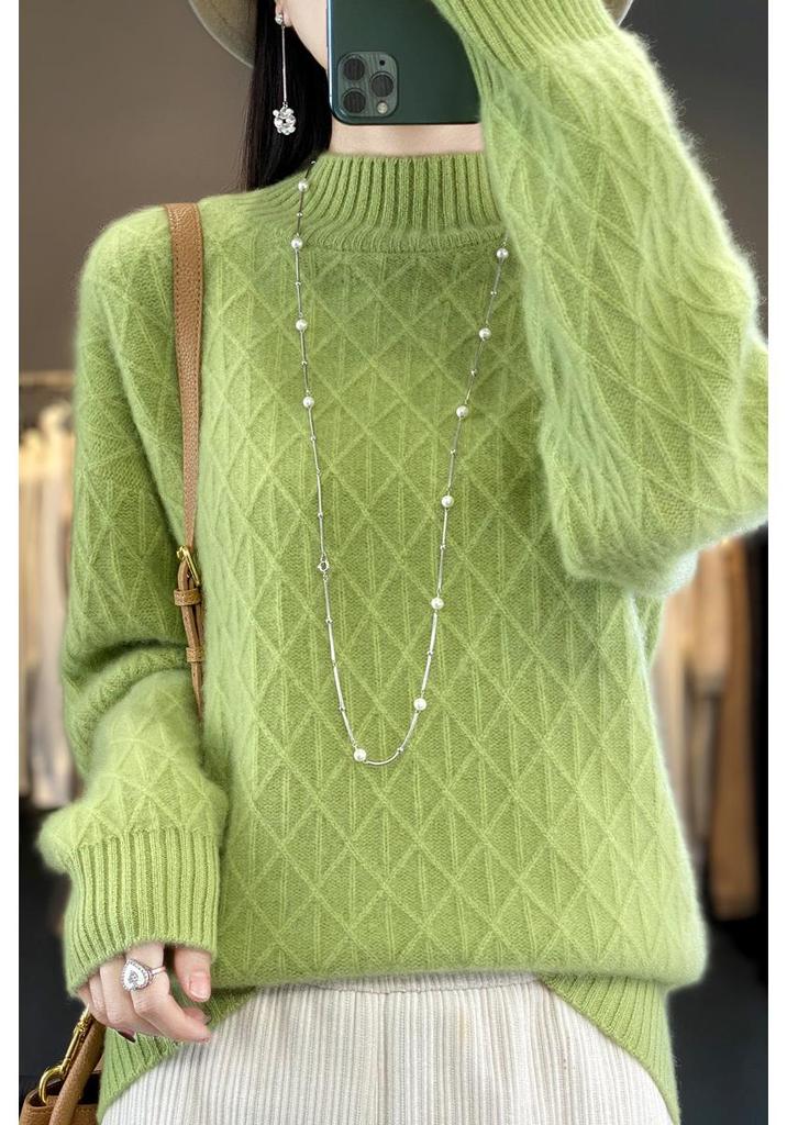 2023 Loose Fit High Neck Wool-Blend Sweater with Diamond Pattern for Autumn & Winter