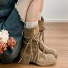 Женские ботинки на толстой подошве, в стиле ретро, западные ковбойские рыцарские ботинки, кожаные матовые с бахромой, пеньковой веревкой, на толстом каблуке, средней высоты