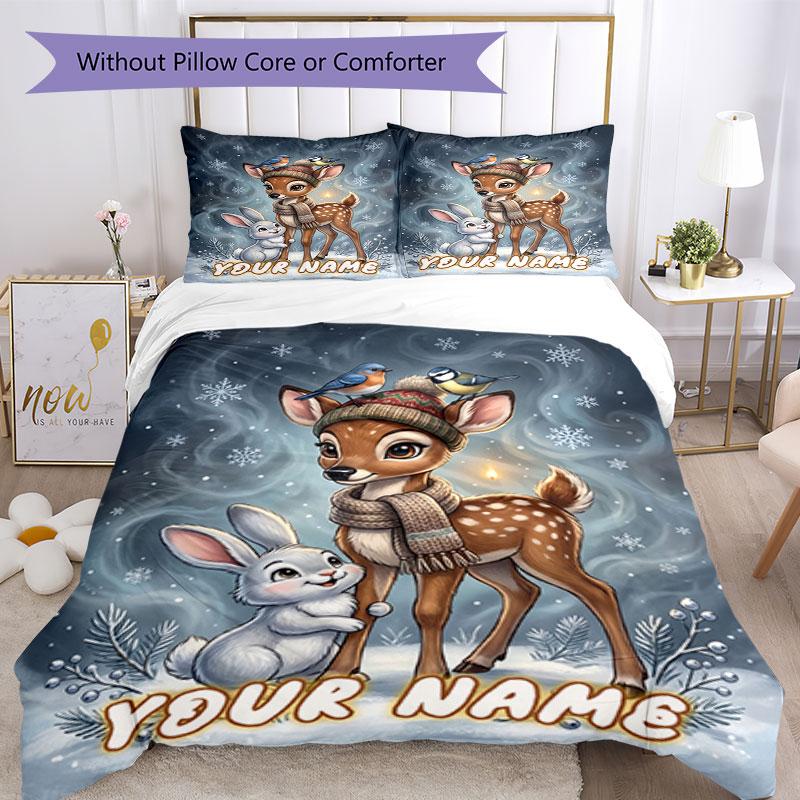 3PC Custom Name Winter Friends Adventure Bedding Set Duvet Cover Closure Includes 1 Duvet Cover & 2 Pillowcases for Bedroom