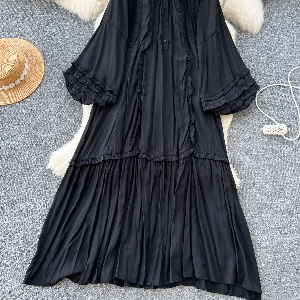 Винтажное однобортное платье с круглым вырезом на шнуровке, модное, с длинными рукавами, элегантное, свободное, с оборками, корейская женская одежда High Street