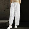 Elegant Loose White Drawstring Straight Trouser Casual Embroidery Cotton Linen Ankle-length Women Pants Elastic Waist Pant 26162