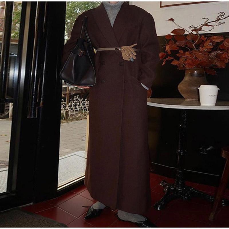 Модное женское пальто с отложным воротником и карманами, длинный рукав, длинное двубортное пальто, осень-зима, новая женская куртка