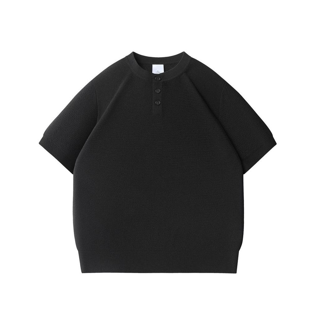 Мужская летняя ретро вязаная футболка-henley GOPUDO - Дышащий однотонный топ с коротким рукавом