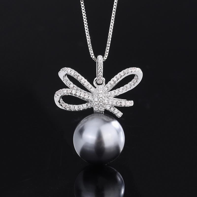 Ювелирные изделия Медное основание Позолоченное Инкрустированная серая бусина Бант Усыпанный бриллиантами Женский 14 мм