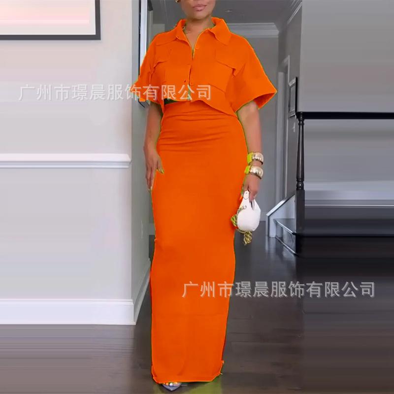 Women's Collar Short Sleeve Two Piece Skirt Suit Cropped Pocket Top High Waist Bodycon Maxi Skirt Elegant Summer Matching Outfit