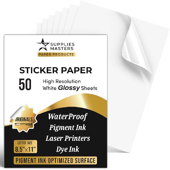 30 Glossy Sticker Sheets 8.5 x 11, Printable Glossy High Resolution Paper for Inkjet Printer (Dyes or PIGMENTS), Papel Adhesivo Brillante Waterproof