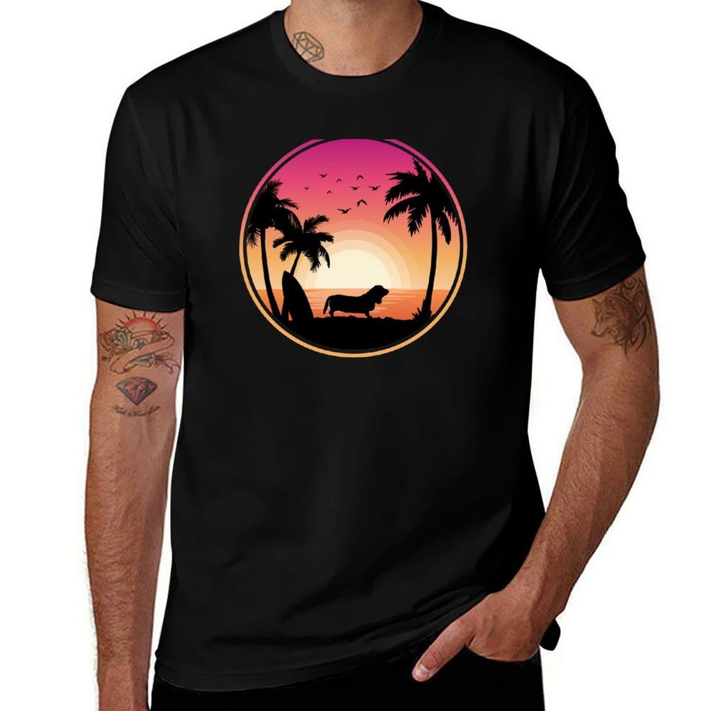 Basset Hound Dog Beach Sunset Tshirt Large Size Short Sleeve Tshirt