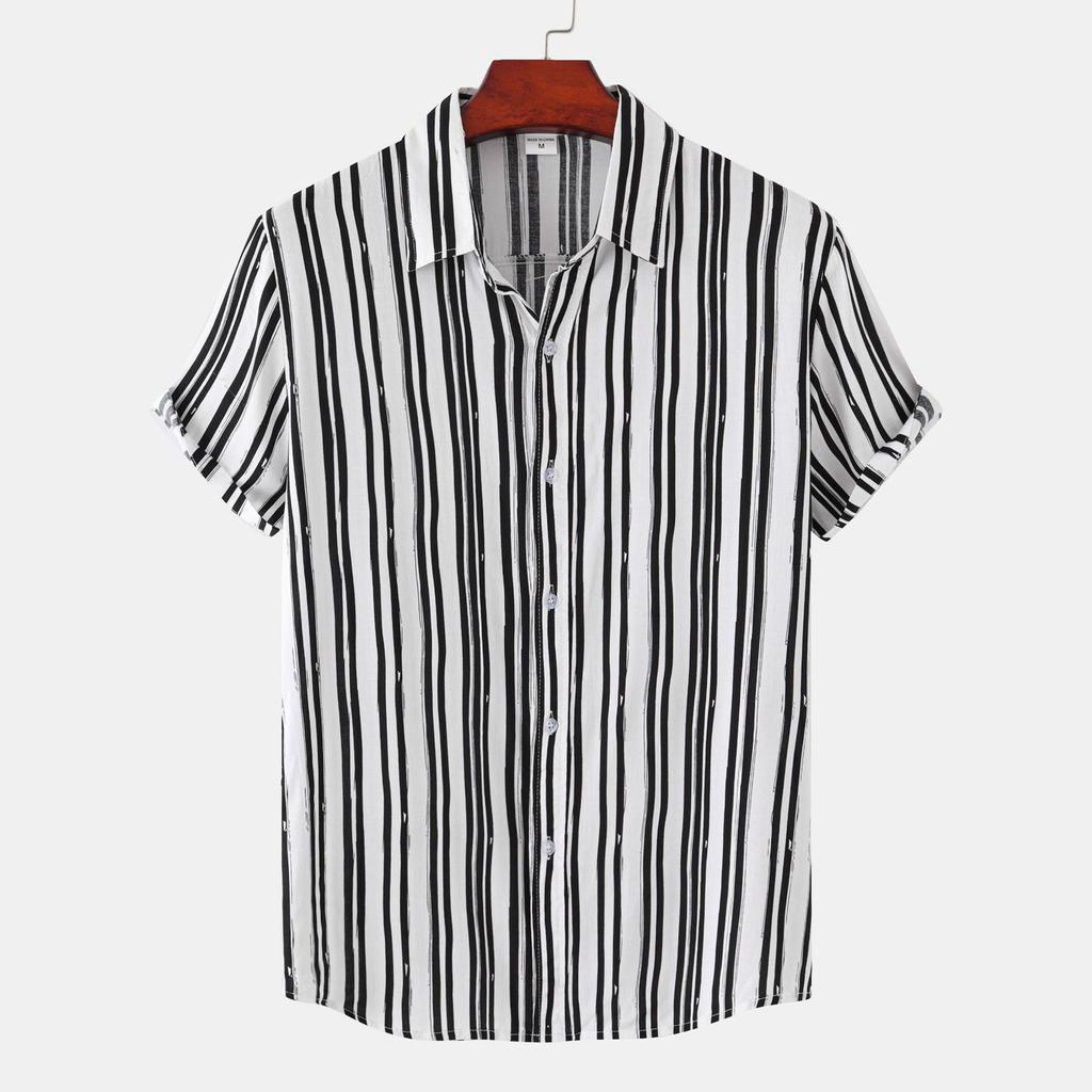 Мужская модная повседневная гавайская рубашка с коротким рукавом и принтом в полоску в клетку, пляжная рубашка с коротким рукавом