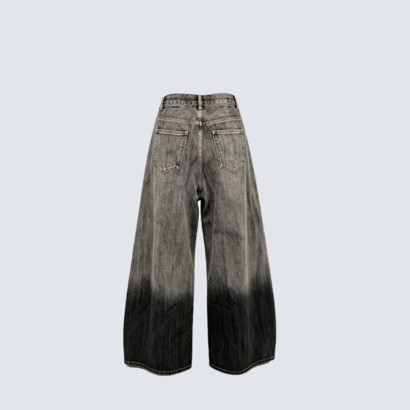 Unisex Wide Leg Denim Pants With Gradient Star Graffiti Print Rivet Embellished Pleated High Street Style