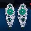 WWJ Luxury Silver Color Green Cubic Zirconia Long Drop Earrings