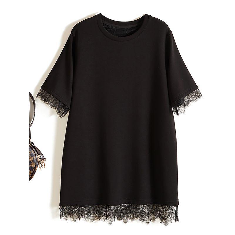 Gentle and Capable! Quality Life Women's Round Neck Stretch Cotton Patchwork Lace Fake Two-Piece Long T-shirt Sweat-Absorbent