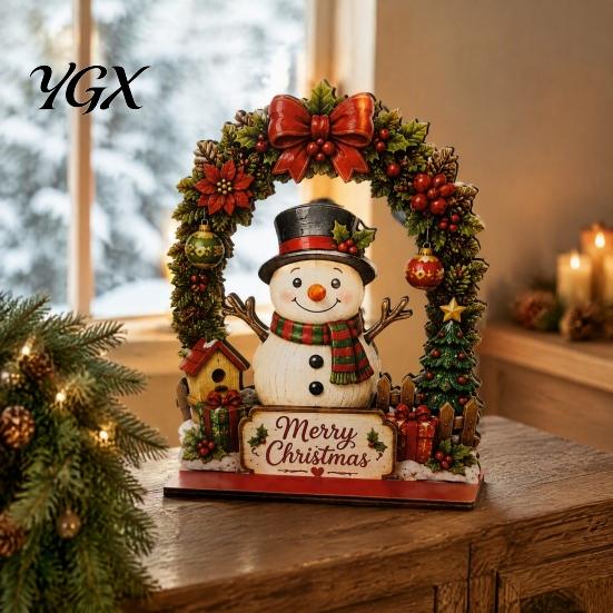 Traditional Christmas Home Ornament Santa Claus/Snowman Tabletop Ornaments with Arched Door, Wooden Decorative Claus Figures Detachable Base