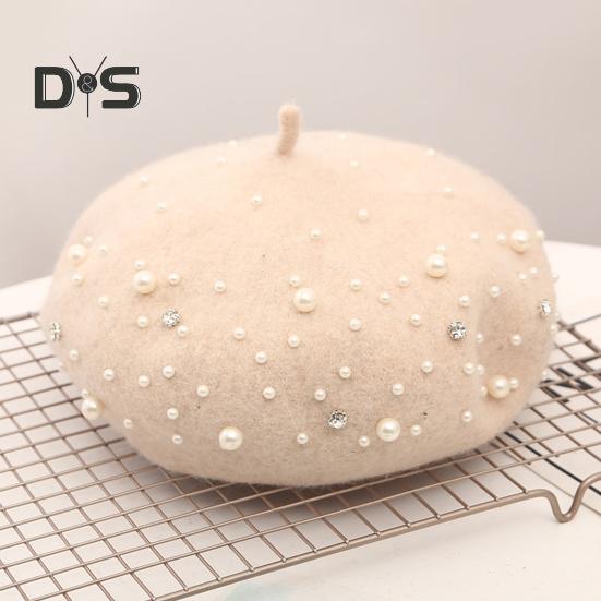 Женский берет с искусственным жемчугом и стразами, винтажная шерстяная шляпа в английском стиле без полей, однотонная, с регулируемыми лямками, кепка-тыква