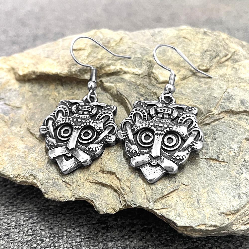 Vintage Norse Loki Earrings Stainless Steel Vikings Mask Odin Amulet Punk Jewelry for Women Men