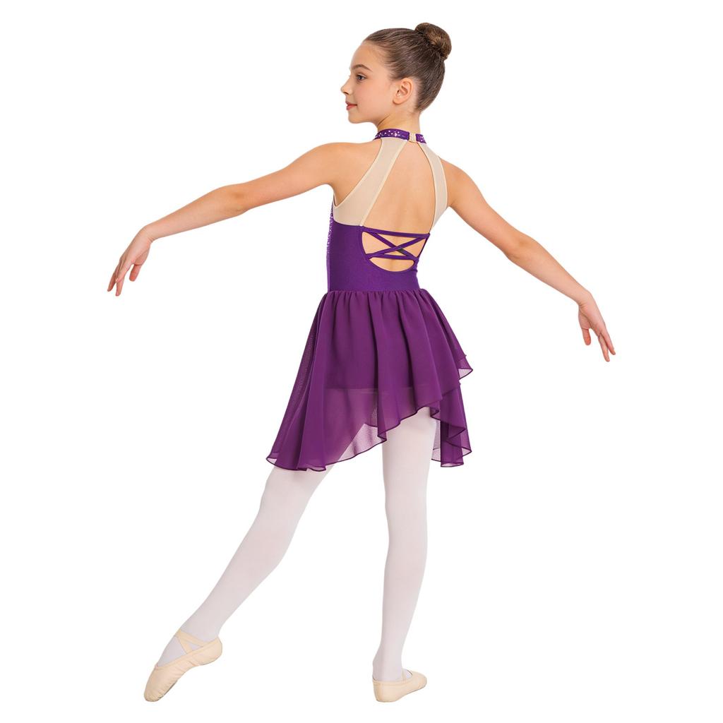 Девочки Блестящее Платье Пэчворк из Страз Без Рукавов Стойка Сетчатое Прозрачное С Открытой Спинкой Неровный Подол Лирический Костюм для Танцев