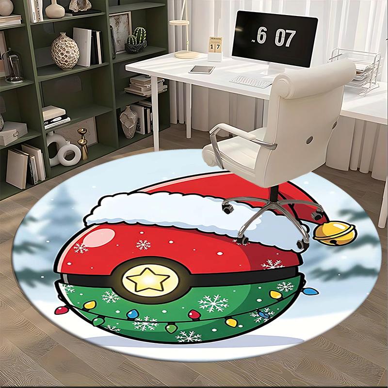 1 шт. Рождественский коврик-подушка Pokémon Poké Ball Круглый ковер - Аниме-дизайн, Праздничный подарок, Коврик под офисное кресло, Нескользящий ковер для домашнего декора, Гостиная