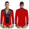 Men's Figure Skating Bodysuit - Glitter Rhinestones V Neck Long Sleeve Satin Patchwork Leotard