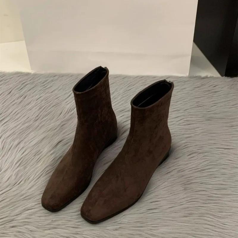 Осень Зима Женские Короткие Ботинки во Французском Стиле Модные Прилегающие Массивный Каблук Универсальные Взрослые Квадратный Носок Резиновая Подошва Ботильоны