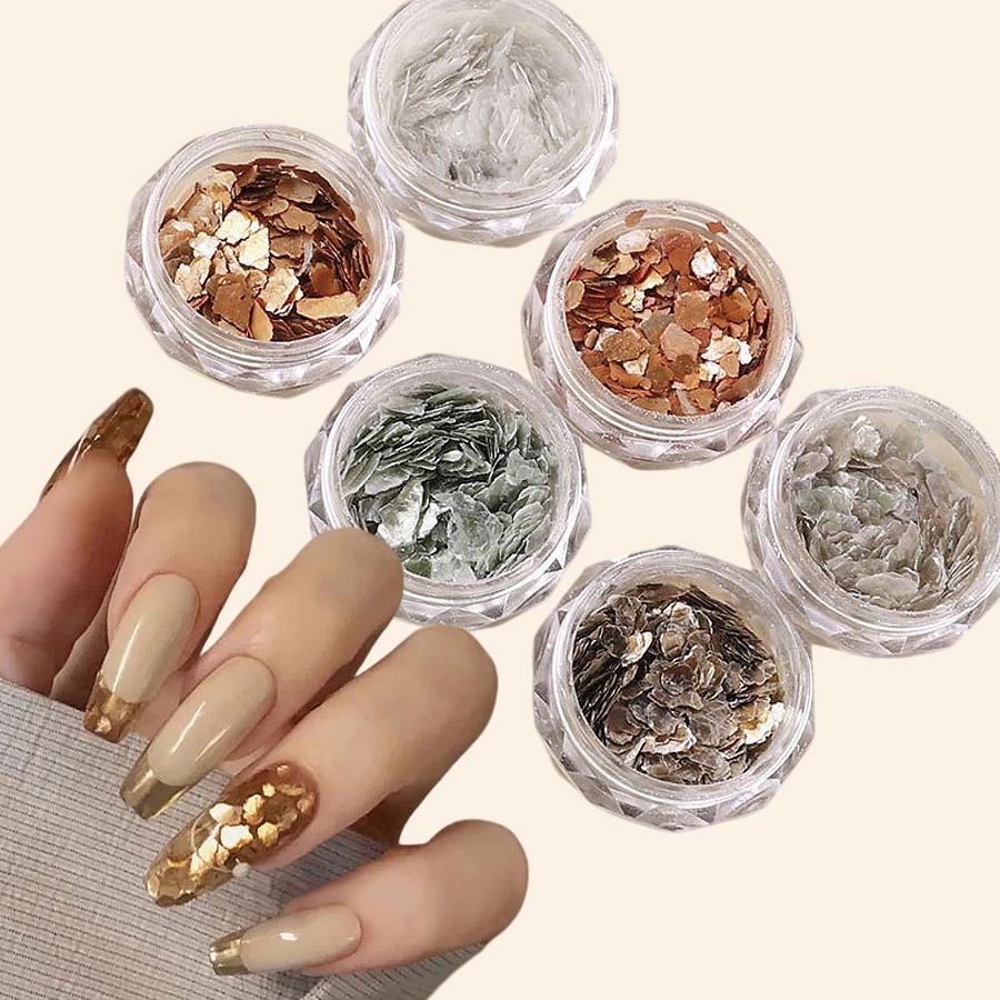 6 Colors Nail Art Mica Flakes Set, Irregular Metallic Gloss Mineral Slices, Shiny Nail Glitter Sequins for Nail Art Decoration
