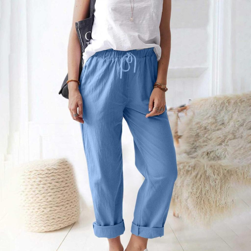Women's Pants, Casual Solid Color Pocket Pants Elastic Waist Loose Straight Leg Pants