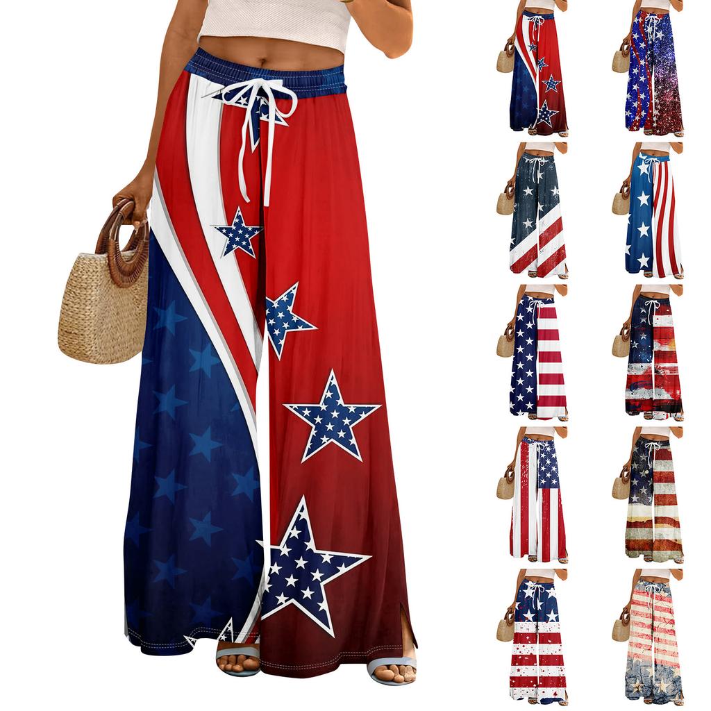 Women Summer Boho Palazzo Pants High Waist Wide Leg Independence Printing Casual Trousers With Pockets