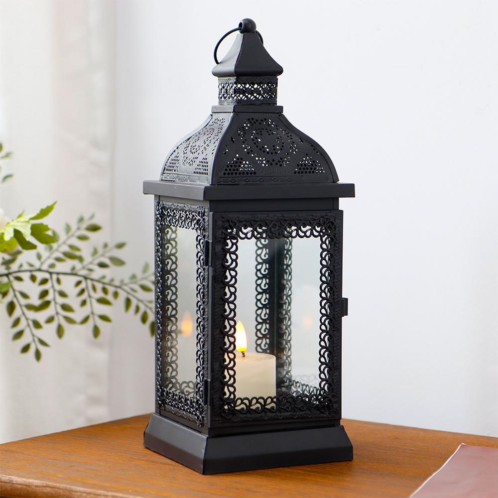 Rustic Style Metal Candle Lantern Black Candle Holder with Tempered Glass for Christmas Living Room Garden Patio Parties
