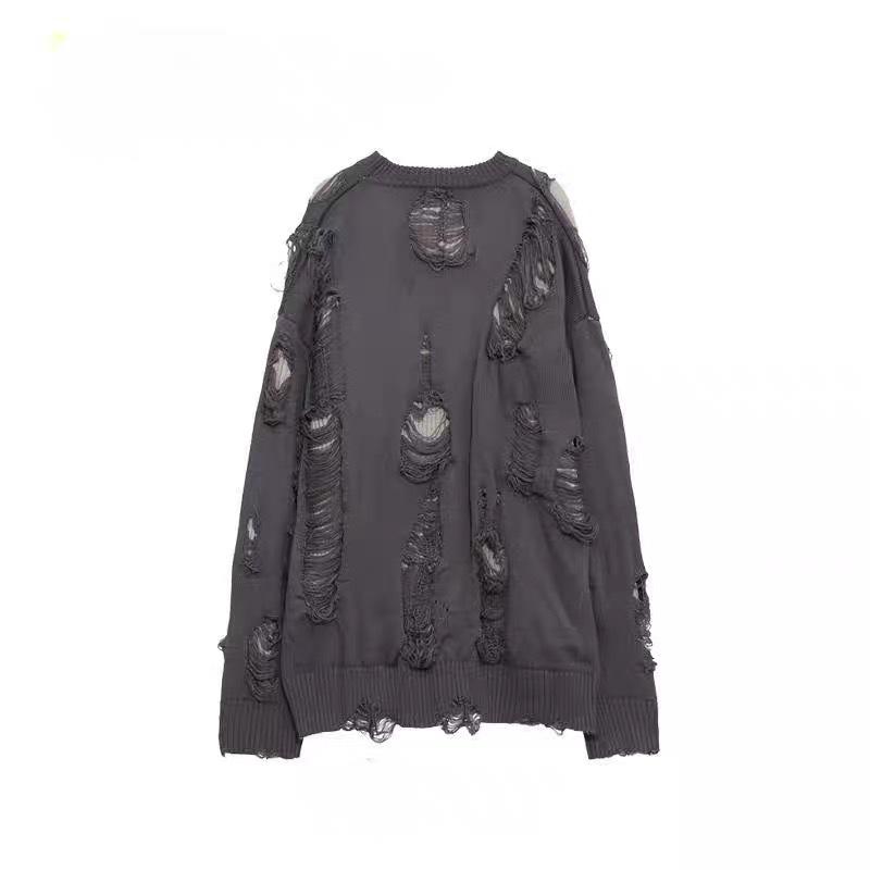 Мужской свитер свободного кроя из двух частей с рваными краями в американском стиле 2024 года, трикотаж, длинный рукав, для весны/осени.