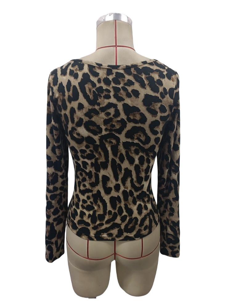 Весна Мисс. Леопардовый принт Большой круглый вырез Длинный рукав Приталенный Топы Футболка Женщины Универсальный Основной элемент гардероба Модные вещи Рубашка
