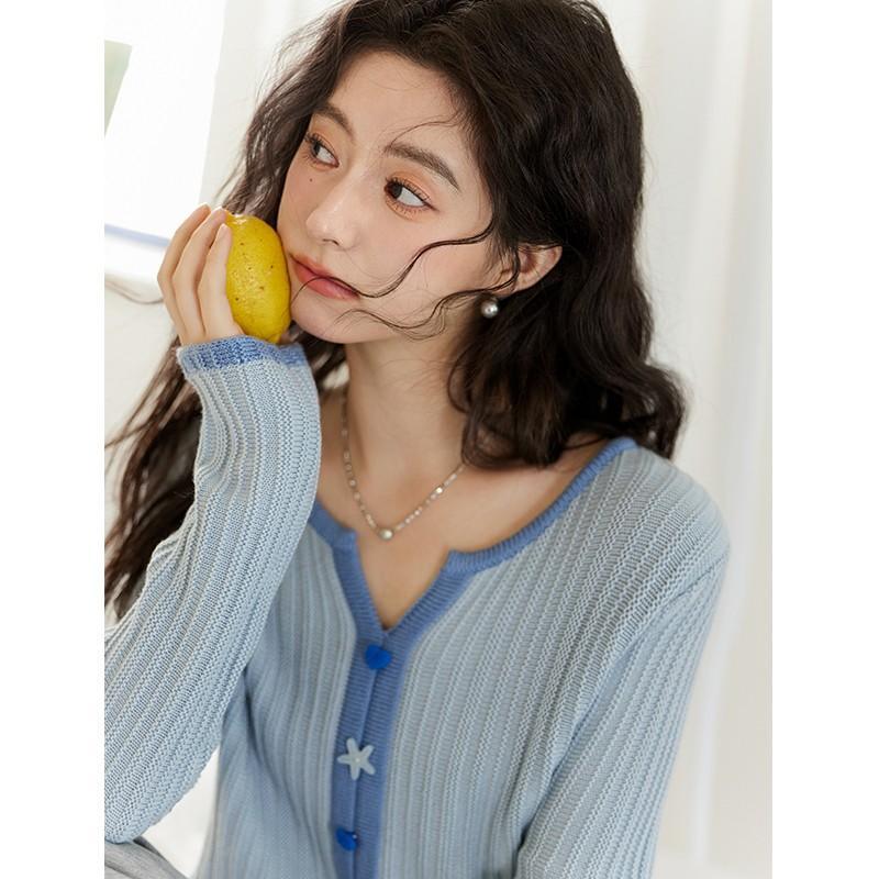 2026 Spring/Summer Blue Color Block Slim Fit Knit Cardigan - Women's Versatile Thin Layer Top