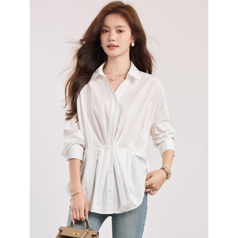 Women's French Style Slimming White Polo Neck Long Sleeve Shirt - 2026 Early Spring Collection