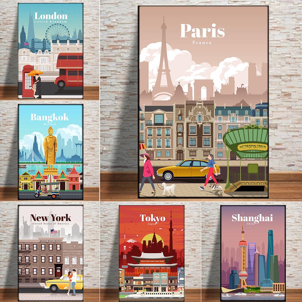 Urban Tourism Architecture Poster Wall Art Oil Painting Printmaking Modern Urban Architecture Landscape Painting Living Room
