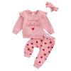 Toddler Girl Valentine's Day Outfits Letter Print Flying Sleeve Sweatshirt with Heart Pattern Pants Headband 