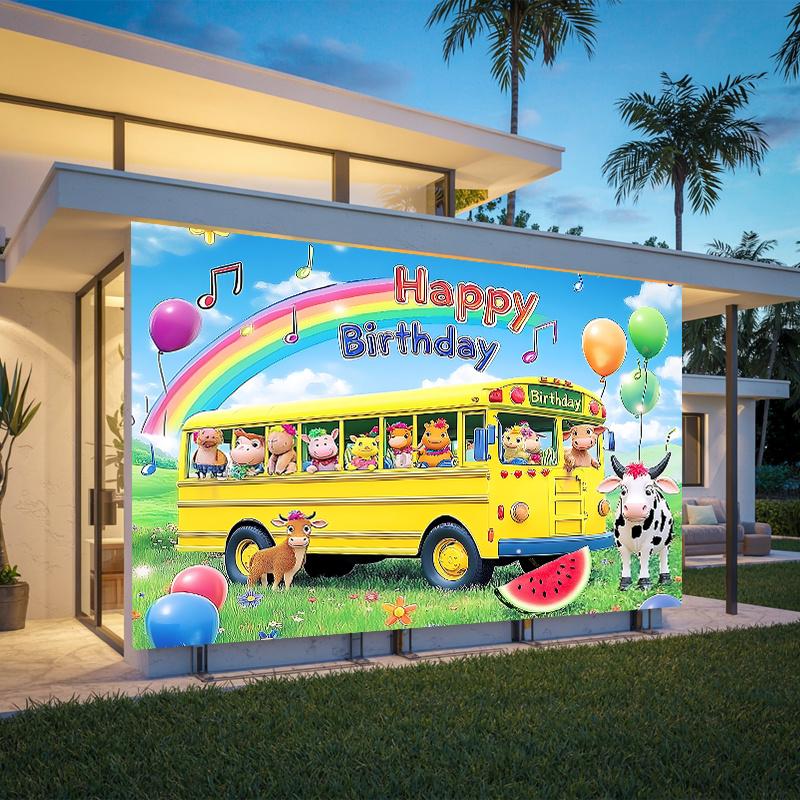 Party Backdrop Rainbow Bus Cartoon School Animals Balloons Cheerful Event Photo Background Birthday Party Decor