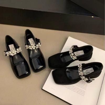 Модные женские туфли с квадратным носком и кристаллами на толстом среднем каблуке Туфли Мэри Джейн 2024 года, дизайнерские новые туфли-лодочки для вечеринок и вечеринок Zapatillas Mujer