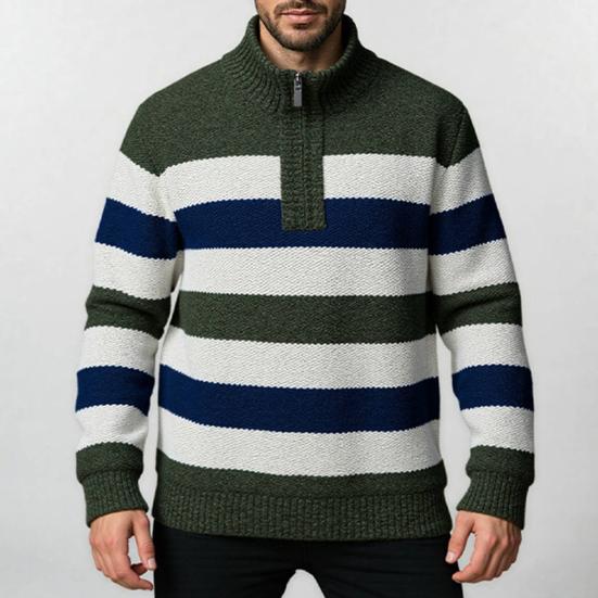 Men Knitted Sweater Color Block Zippered Half Turtleneck Pullover Tops Long Sleeve Half-Zipper Casual Pullover Tops